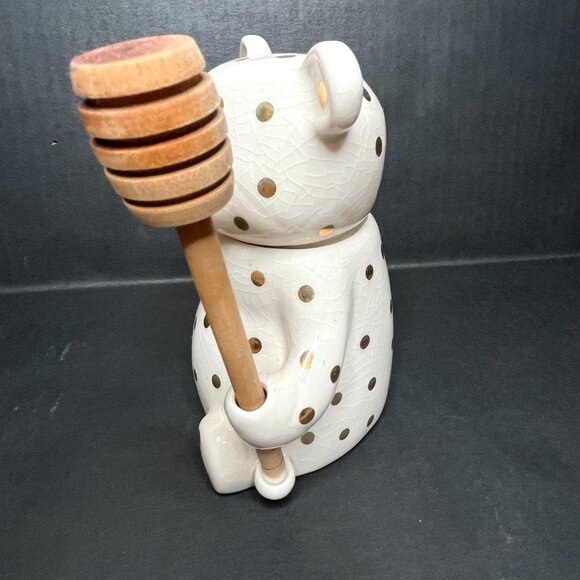 Anthropologie Dottie Honey Pot Ceramic Bear Jar With Gold Polka Dots Wood Spoon - Picture 7 of 9